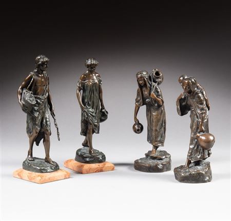 Oriental Woman carrying two water pitchers, Oriental Mother carrying her child and a water pitcher, Young Man carrying a basket of grapes and a Young Woman carrying a water pitcher