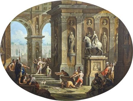 A capriccio of a classical palace with Alexander at the Tomb of Achilles
