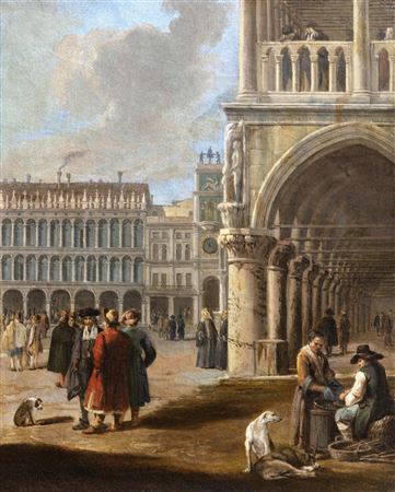 Venice, a view of a corner of St Mark’s Square, with figures in oriental dress, peasants and dogs