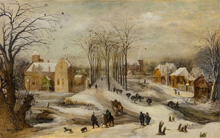 A winter landscape with travellers