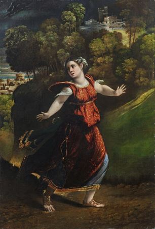 A woman fleeing on a wooded path