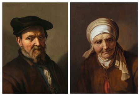 An elderly man, bust-length, in a brown coat and hat; An elderly woman, bust-length, in a brown coat and headscarf