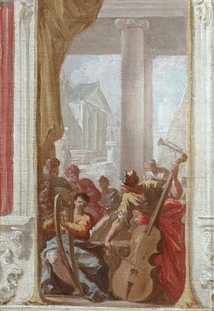 Musicians performing below a colonnade, a temple and other classical buildings beyond