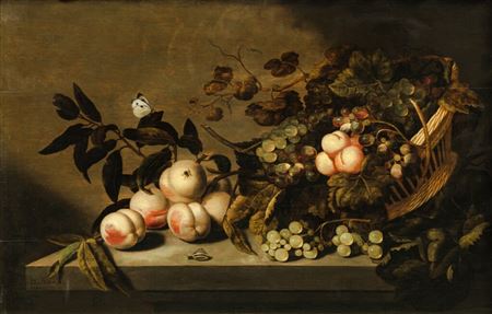 Still life of peaches and a wicker basket of grapes and apricots on a stone ledge