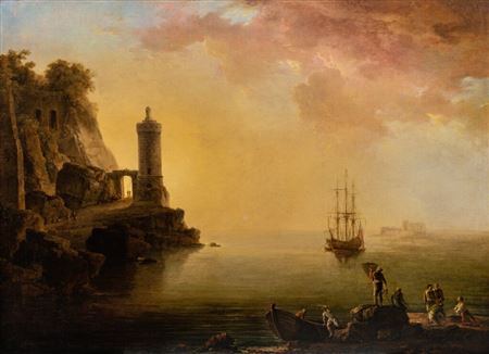 A Mediterranean moonlit landscape with fishermen and other figures on the shore, a British frigate at sea