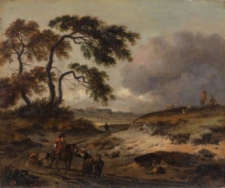 A wooded landscape with a traveller on a sandy track