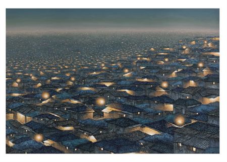 Sample artwork by Joung Young-Ju (Born 1970), known for twilight scene cityscape paintings with wrinkled paper - View similar artists and auction records