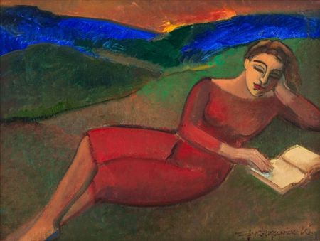Reading in a red dress, 2023