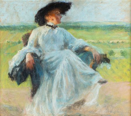 Portrait of a wife against the background of a landscape, 1903. by Jozef Czajkowski - Auction record, sale price, and art valuation. Compare with similar artists and explore comparable artworks.