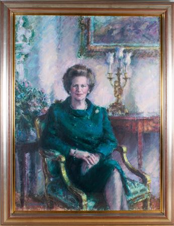 Portrait of Lady Thatcher, three-quarter length, seated in an armchair