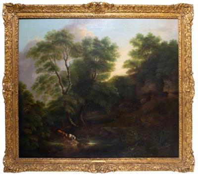 Wooded landscape, cattle and figures