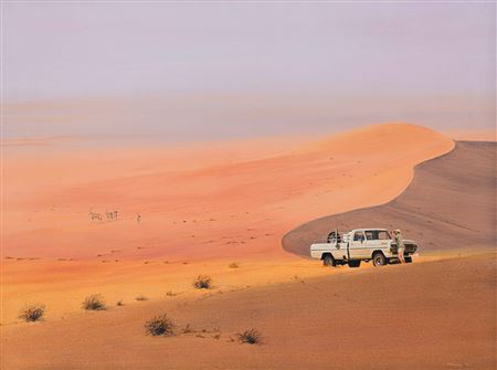 Desert Landscape with Figure, Vehicle and Antelope