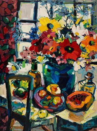 STILL LIFE WITH FLOWERS, FRUIT AND WINE