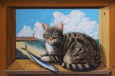 Tabby cat with fish in St Ives