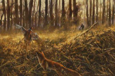 Fox and pheasant with huntsman and dog