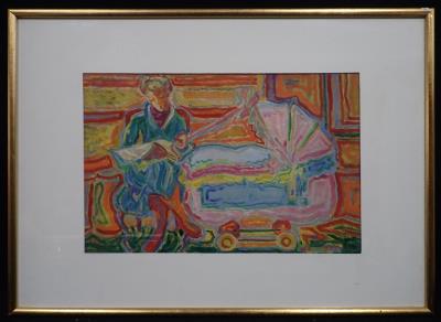 Mother reading near the cradle