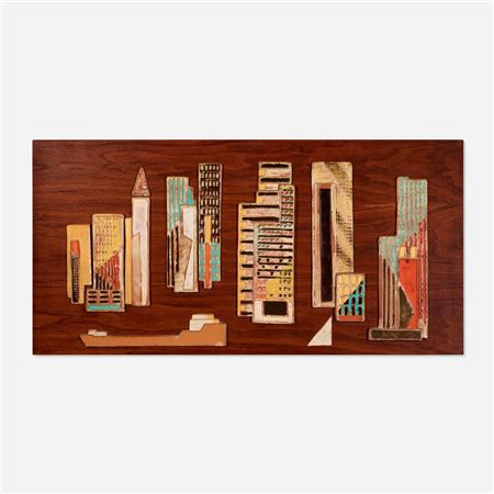 Monumental assemblage with city skyline and boats