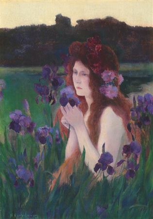 Girl with iris flowers, early XX century