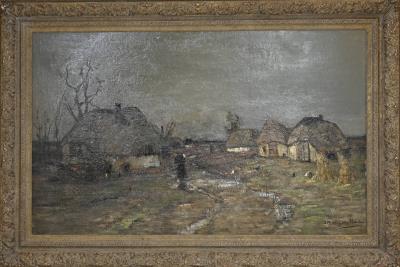 Drenthe farm with peasants, a dirt path, and chickens.