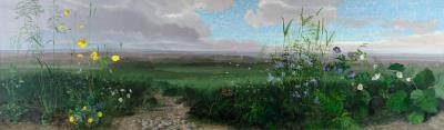 Panoramic landscape with wild flowers and Monarch butterfly by Audrey Johnson - Auction record, sale price, and art valuation. Compare with similar artists and explore comparable artworks.