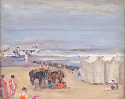 Sketch - Beach scene with donkeys, tents and figures