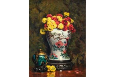 Still life of Roses in an oriental vase