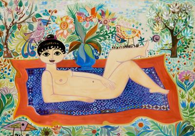 Resting Woman Among Flowers and Birds