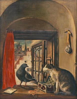 A trompe l’oeil: a cat seated near a jewellery box at a dormer watching a dove at the open window, a view of Petersenska Huset (previously Piperska palatset) and the tower of the Riddarholmskyrkan in Stockholm beyond, a fopwatch on a ribbon against the wa