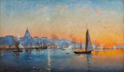 Twilight over Södermalm and Skeppsbron by Axel Lindman - Auction record, sale price, and art valuation. Compare with similar artists and explore comparable artworks.