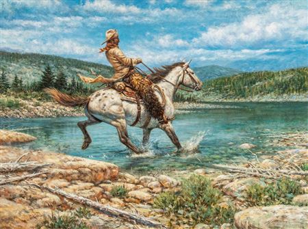 Splashing horse in clear Western lake