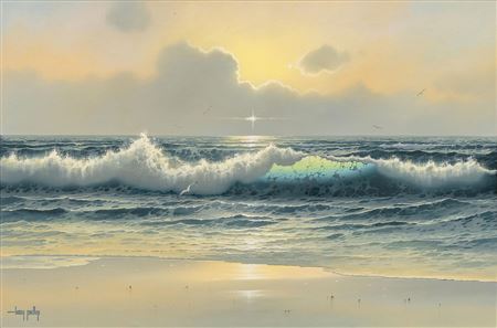 Texas coastal scene with light illuminating cresting wave