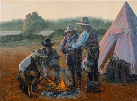 Four cowboys around a campfire by Doug Prine - Auction record, sale price, and art valuation. Compare with similar artists and explore comparable artworks.