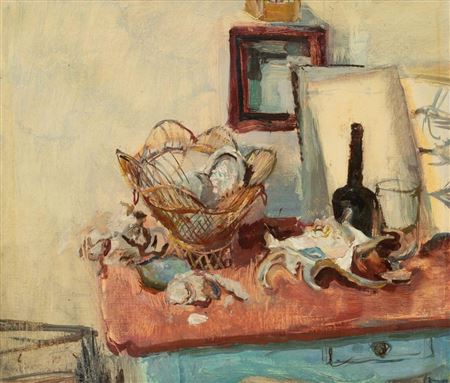 Still life with shells, a wicker basket, book, glass and vase on a table