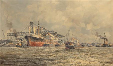 Sample artwork by Marinus Johannes de Jongere (1912 - 1978), known for ship painting, harbor views - View similar artists and auction records