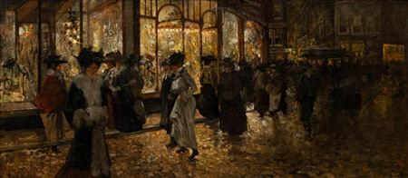 The Hague at night with elegant ladies strolling past illuminated shop windows by Willem Frans  Helfferich - Auction record, sale price, and art valuation. Compare with similar artists and explore comparable artworks.