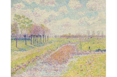 Kopfweidenreihe an sonnigen Frühlingswiesen mit schilfgrasdurchwachsenem Bach (Frühlingslandschaft mit Wasserlauf)