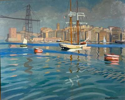 Old Port of Marseille, 1920 - Sailboat with Transporter Bridge by Edmond Astruc - Auction record, sale price, and art valuation. Compare with similar artists and explore comparable artworks.