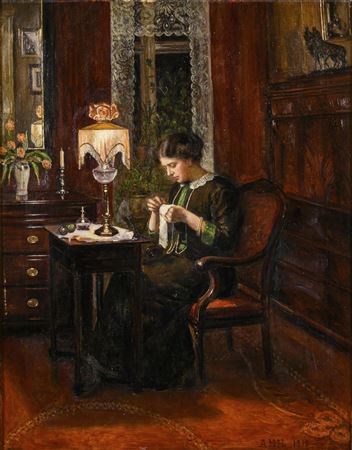 Lady at needlework by Ane Marie Hansen - Auction record, sale price, and art valuation. Compare with similar artists and explore comparable artworks.