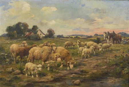 Flock of sheep and plowing farmer near village