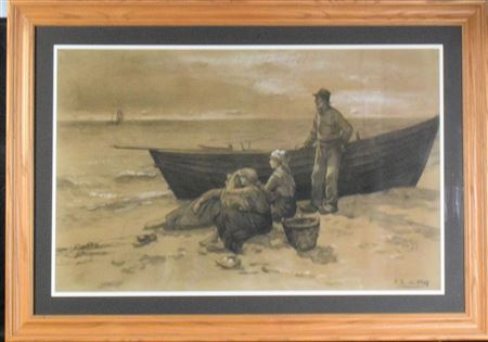 Row boat with figures on shore and boat in distance