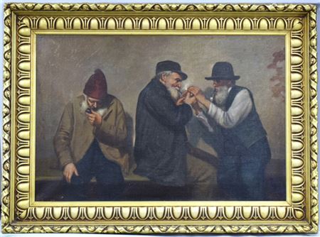 Three older gentlemen sitting on bench and all smoking pipes