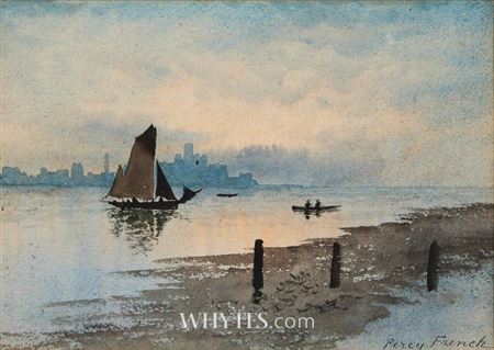 SAILBOAT AND ROWBOATS WITH COASTAL TOWN SKYLINE