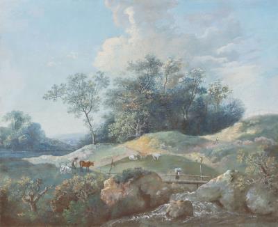Shepherd with His Herd of Cows by a Tree-Lined Pond - Landscape with Cowherd and Farmer on a Wooden Bridge by Johan Georg Wagner - Auction record, sale price, and art valuation. Compare with similar artists and explore comparable artworks.