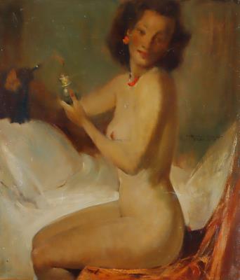 Female nude with perfume bottle
