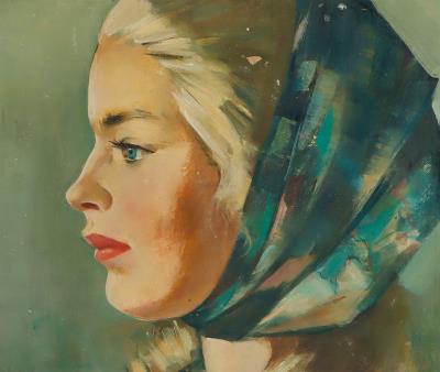Head of a young woman with a green scarf in profile to the left