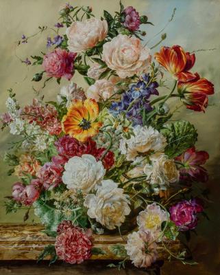 Still life with flowers on a marble ledge