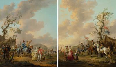 A military encampment with a bugler on horseback by a tent, and figures by a river beyond; A military encampment with soldiers on horseback outside a tent, a windmill beyond (2)