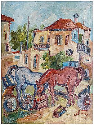 Horses in a yard in the village, 1981