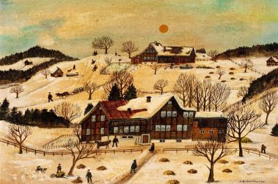 Winter painting with farm