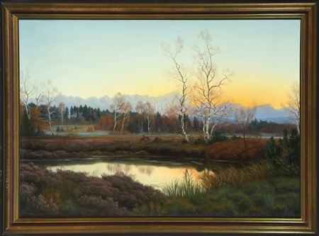 Moor landscape with two deer at sunset